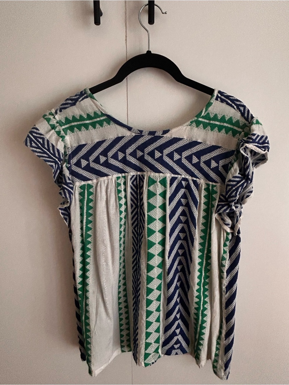 THML Navy & Green Geometric Peasant Top
